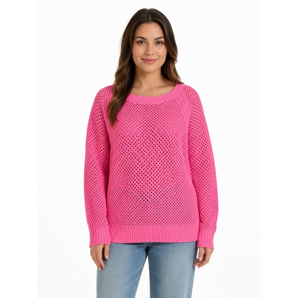 JCP Hot Pink Open Knit Mesh Sweater WomensXL Raglan Sleeve Cotton Blend Pullover